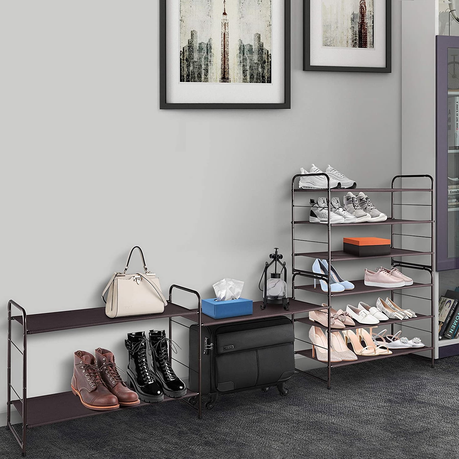 Oumilen 3-Tier Stackable Shoe Rack, Metal and Fabric, Bronze