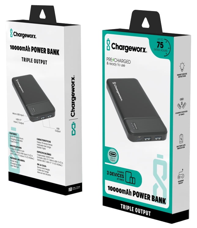 Chargeworx 10000mAh Power Bank – Portable Charger with Triple Output | USB-C, Micro USB & USB Ports | Up to 75 Extra Hours | Compact External Battery Pack for Phones, CX6862