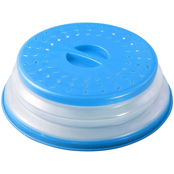 Couvercle d'Assiette de Micro-Ondes 10,5 Pouces, Couvercle de Micro-Ondes Pliable pour Aliments, Assiette de Protection Anti-Éclaboussures, Panier Égouttoir pour Fruits et Légumes, Sans BPA, Prise Facile (Bleu)