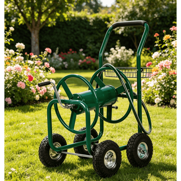 XF XINFENG Garden Hose Reel Cart – 4 Wheels, Holds 300 ft 5/8’’ Hose, with Storage Basket, Heavy Duty Hose Reels for Outside, Water Hose Cart for Garden Yard Lawn