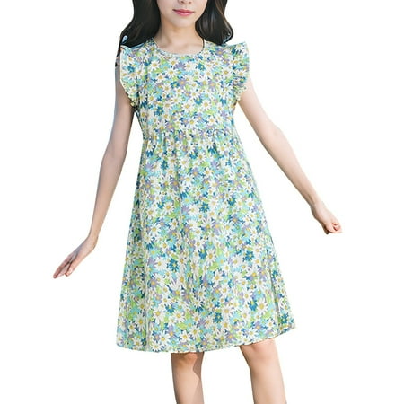 Toddler Girls Dresses A-Line Fly Sleeve Round Neck Floral Printing Dress Classic Party School Children Girls Fashionable Popular Garments Dresses，4 -5 Years
