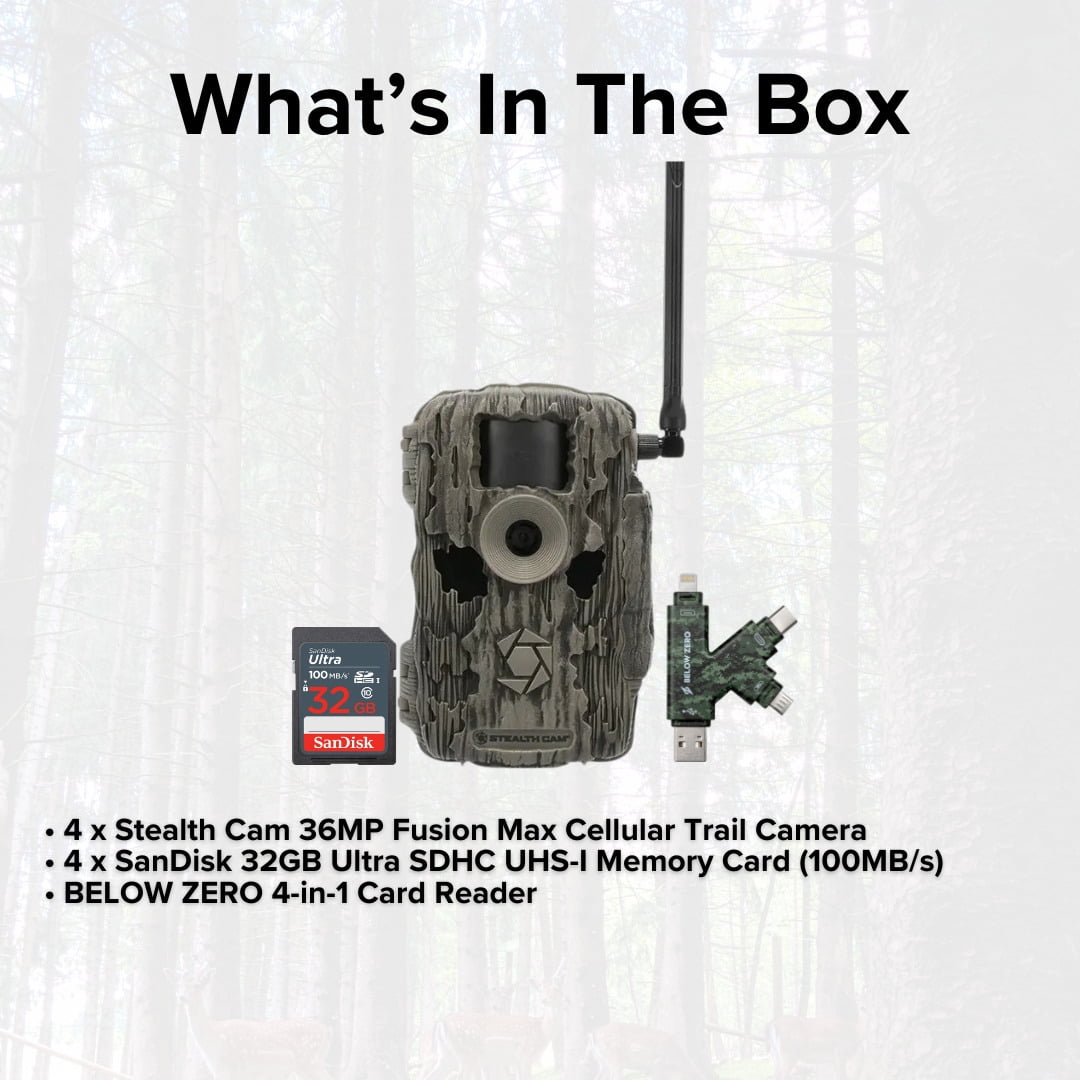 Stealth Cam 36MP Fusion Max Cellular Trail Camera with 80-Feet Detection Range (2-Pack) x 2 Bundle with 4-In-1 Card Reader and 32GB Ultra SDHC UHS-I Memory Card (4-Pack) (7 Items)