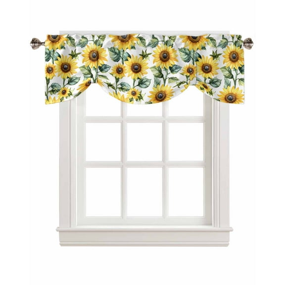 Tie Up Valance Curtain for Kitchen,Watercolor Yellow Sunflowers Rod Pocket Short Curtains Adjustable Tie-Up Shade Valances,Rustic Retro Blossom Flower Window Treatment for Bathroom Bedroom