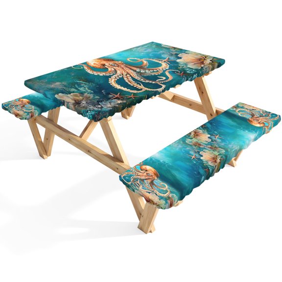 Marine Submarine Octopus Picnic Table Cover with Bench Covers Coral Starfish Retro Watercolor Waterproof Fitted Picnic Tablecloth 3 Pieces Set Table Cloth for Outdoor Camping Garden BBQ
