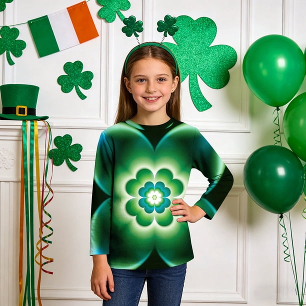 Blusas y camisas de manga larga con cuello redondo, informales, con estampado del Día de San Patricio, de manga tres cuartos y cuello redondo, para niños de talla mediana y grande.