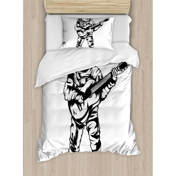 Astronaut Twin Size Duvet Cover Set, Cool Astronaut Jamming with Guitar Sketch Art Music Science Education Print, Decorative 2 Piece Bedding Set with 1 Pillow Sham, Black White, by Ambesonne