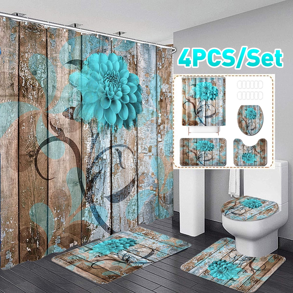 4 Pcs Shower Curtain Set with Non-Slip Rug, Toilet Lid Cover and 