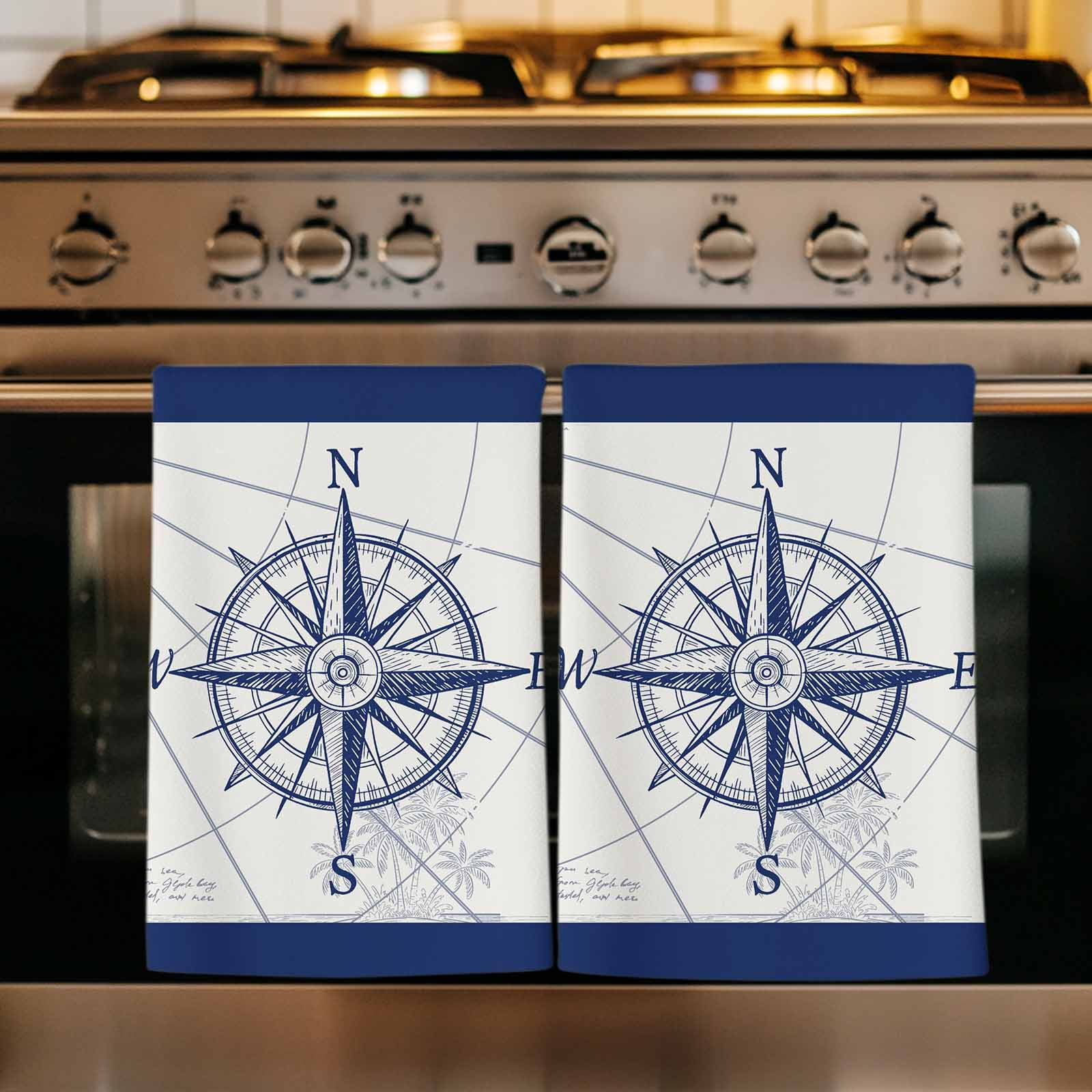Dish Towels, Compass Absorbent Kitchen Towels 2 PCS, Blue Ocean Navigation Map Microfiber Hand Towels Dish Cloths Tea Towels for Home&nbsp;Bathroom Cleaning Drying,18X28-Inch,
