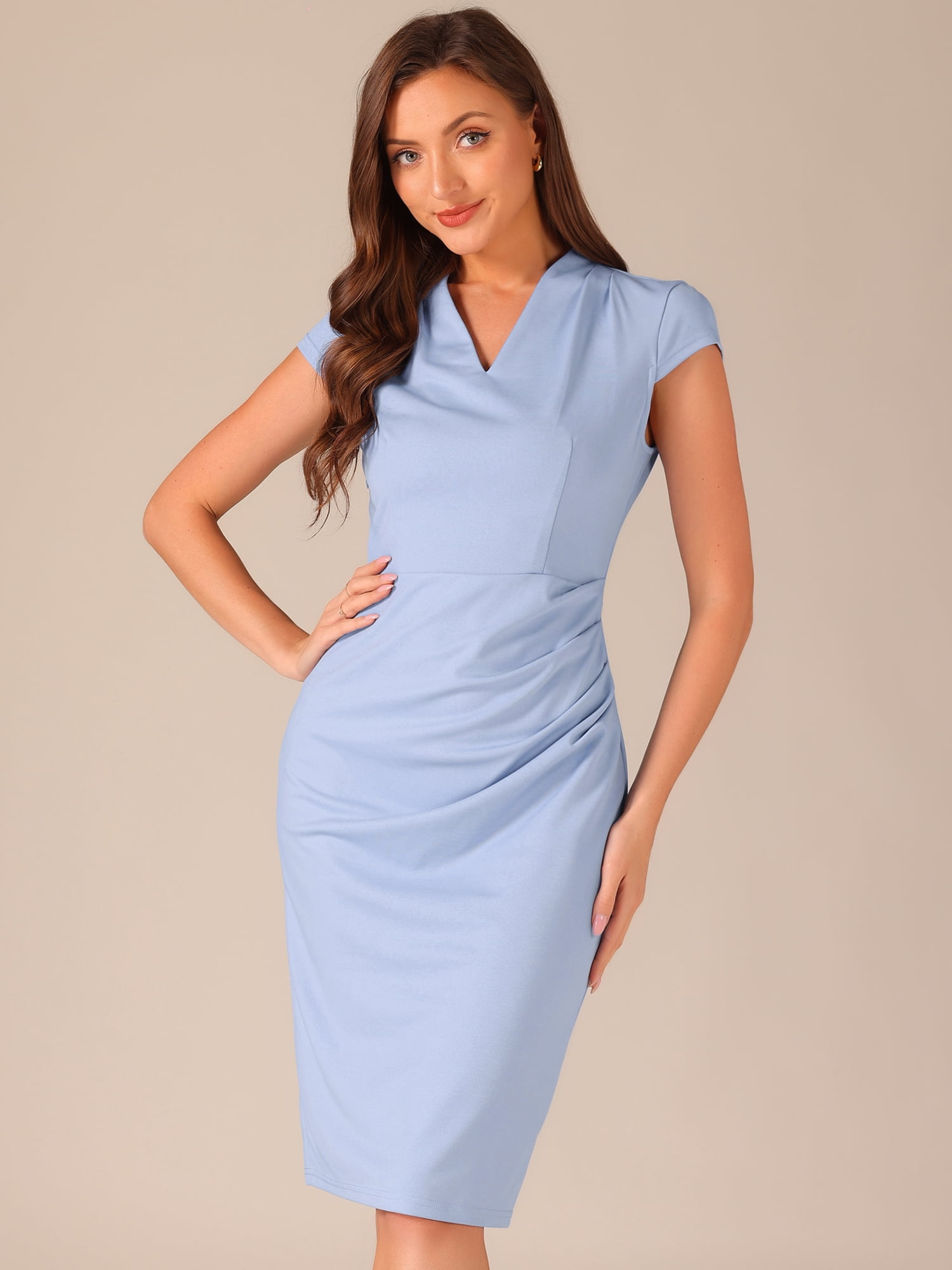 DARING DIVA Cap Sleeve Ruched Side Sheath Blouse M Blue