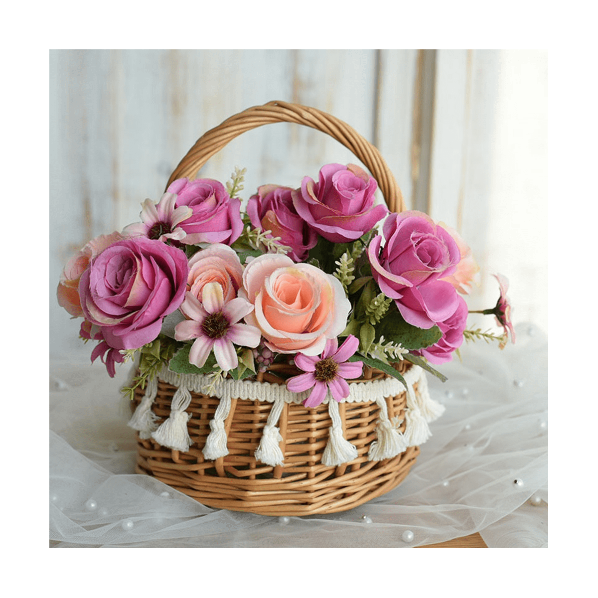 Paniers à Fleurs En Rotin Avec Poignée En Perles Pour Filles