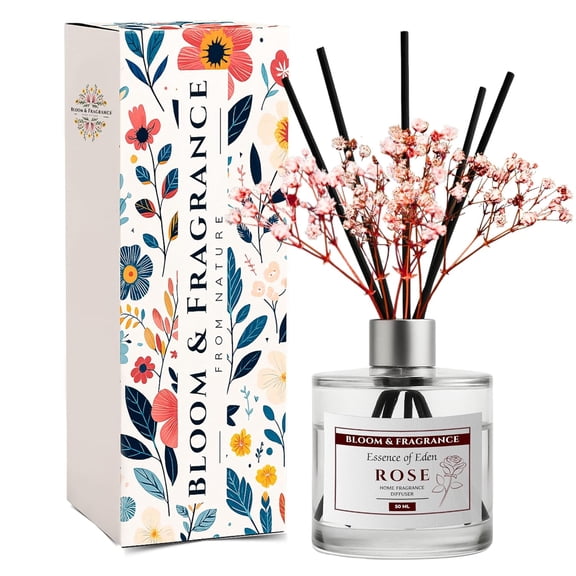 Rose Reed Diffuser 50ml Set | Free 4 Fiber Reed Sticks | Stress Relief & Aromatherapy | Long-Lasting, Smoke-Free Air Freshener for Home, Bedroom and Office | Ideal for Gifting