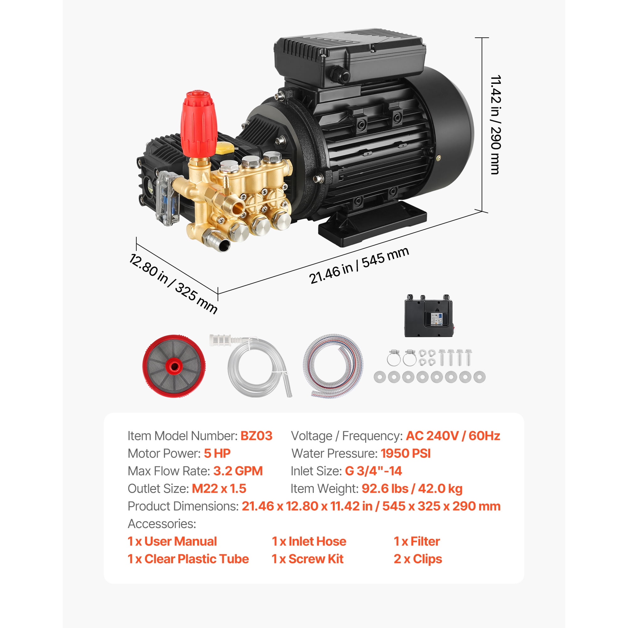 KFFKFF Electric Pressure Washer Pump Kit, 1950 PSI, 3.2 GPM, Triplex Power Washer Pump with 5 HP Motor 240 V, Adjustable Water Pressure, Suitable for Cleaning Cars, Gardens, Walls, Decks