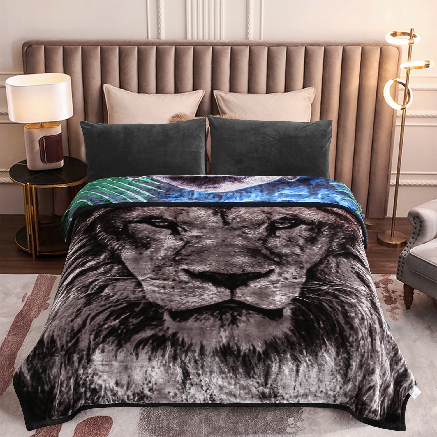 MERRY HOME Full/Queen Size Fleece Blanket For Bed, A & B Patterns Soft Warm Animal Blanket, Microfiber Plush Middle Weight Bed Blanket For All Season, black Panther/ Lion, 5LB, 75"x87"