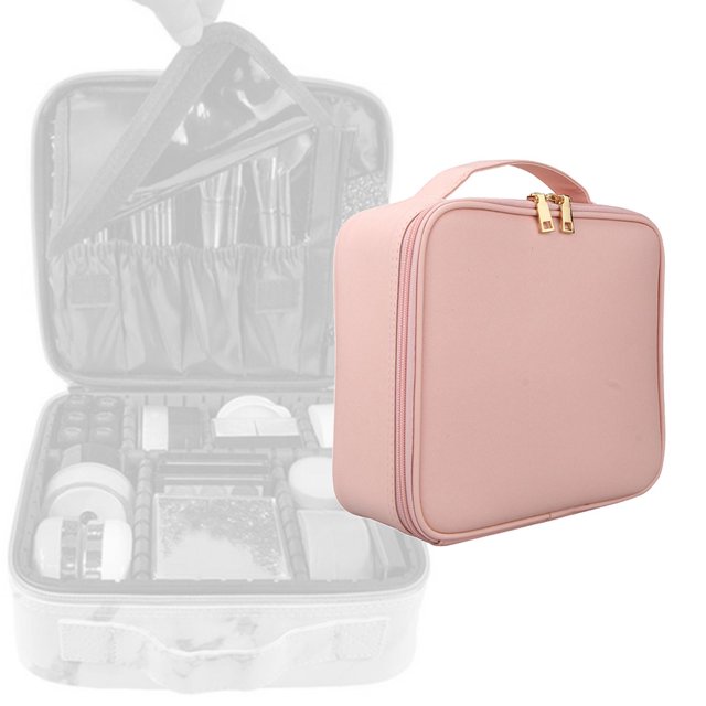 Estuche de maquillaje de material cuero PU Soporte para herramientas cosméticas Fácil de llevar con divisores ajustables para accesorios de tocador Rosado Macarena Bolso de peluquería