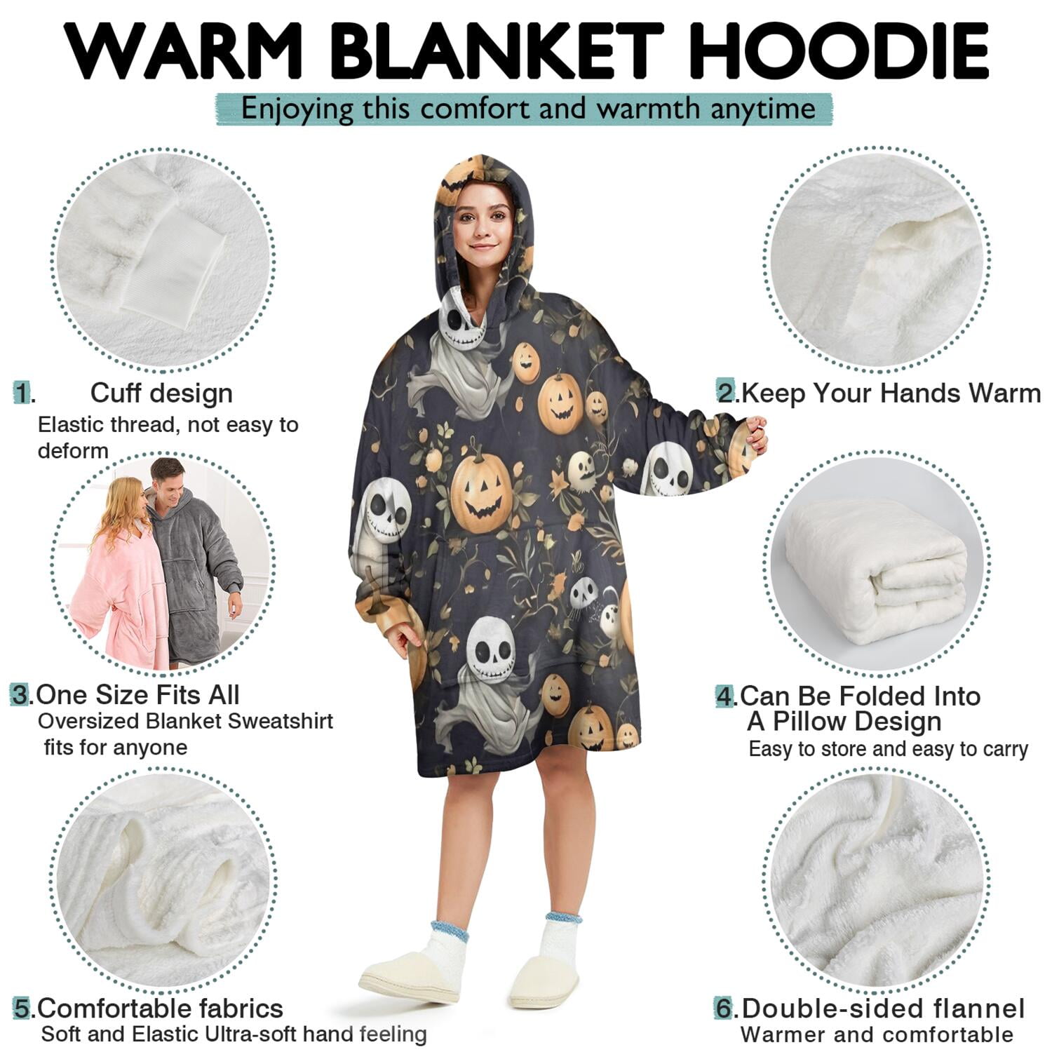 Wearable Oversized Blanket,Nightmare Before Christmas Halloween Pattern Wearable Blanket Hoodie for Adults,Cozy Hooded Blankets with Super Pockets,Super Warm Fuzzy Pullover for Women & Men
