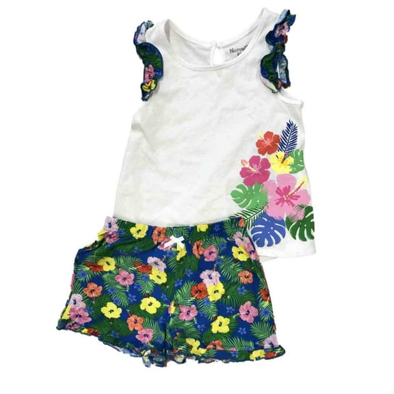 Girls White Floral Ruffled Tank Top & Blue Flower Shorts Outfit 6X