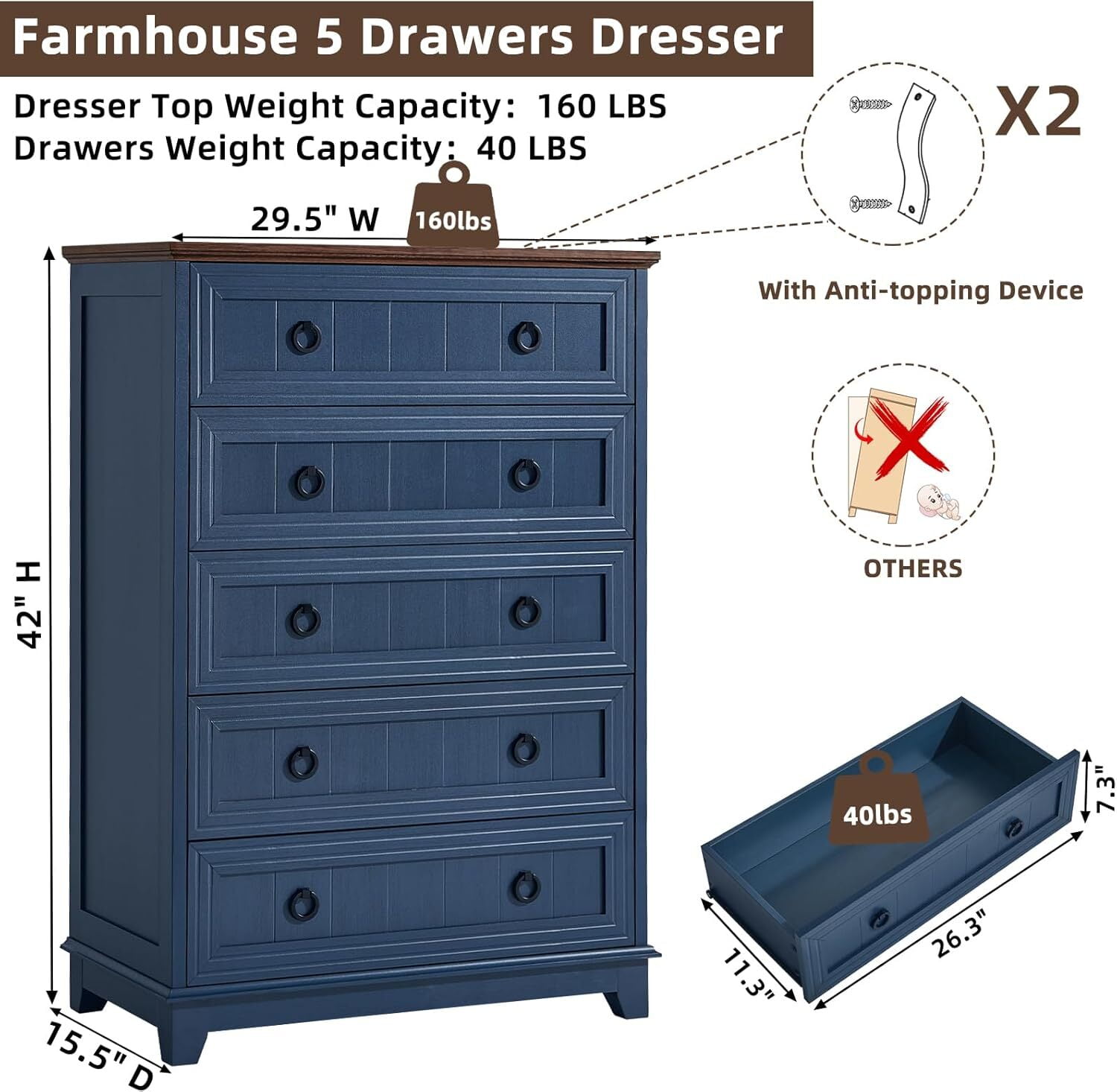 Joaxswe 5 Drawer Dresser Tall, Farmhouse Blue Chest of Drawers with Anti-Tip, Adult Large Storage for Bedroom, Hallway, Entryway