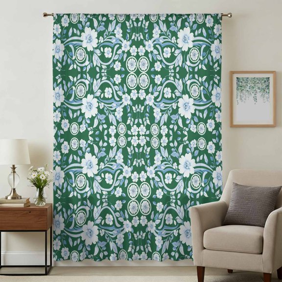 Green Blue Floral Sheer Curtains 84 Inches Long, Vintage Pastoral Botanical Leaves Light Filering Curtains, Breathable Simi Curtain Privacy Drapes for Living Room Bedroom Lightweight Window Treatment