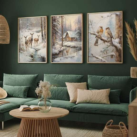 3-Piece Set Vintage Winter Deer, Cottage Bird Snow Scene Wall Art, Snow Forest Canvas Poster, Decorative Painting, Holiday Decoration, Living Room Bedroom Home Decor, Frameless Hanging Painting