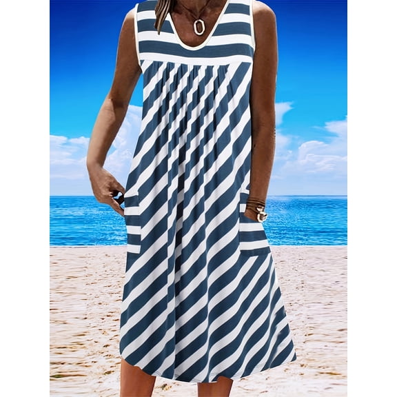 Nyfairy Plus Size Women Striped Sleeveless Round Neck Casual Pleated A-Line Midi Dress With Pockets