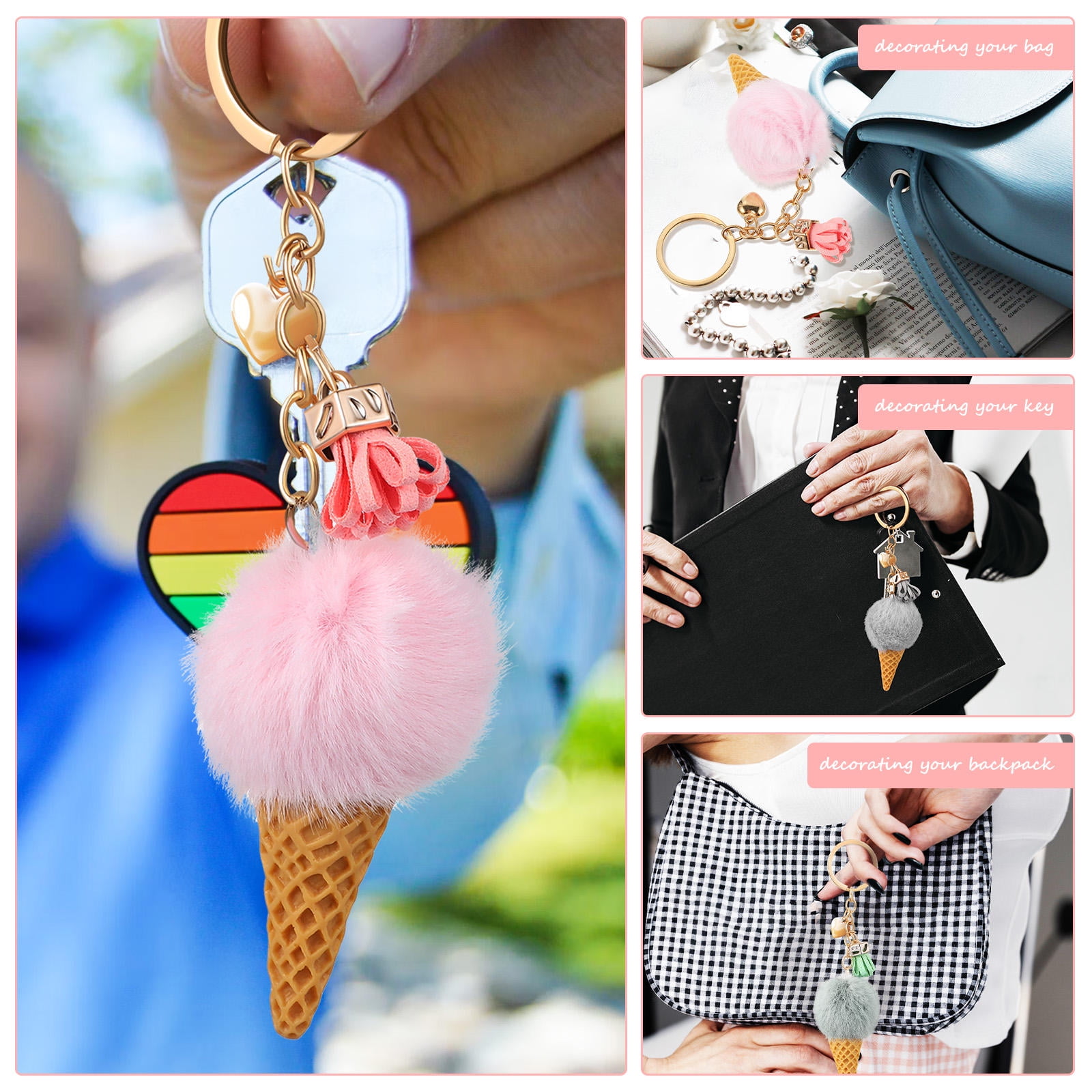 HONMEET 3-Pack Assorted Color Ice Cream Plush Keychains for Keys and Bags Soft Pendant Accessories