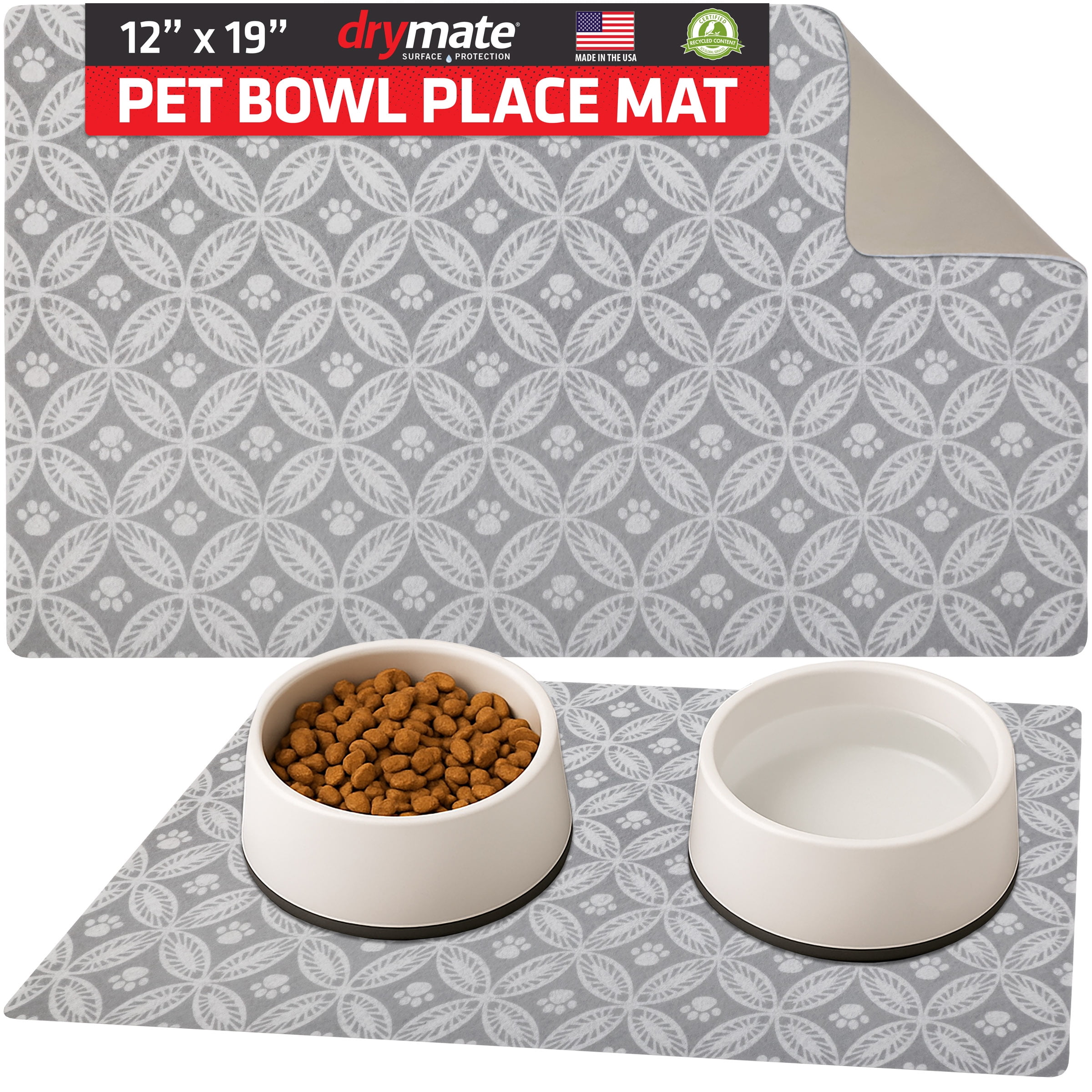 Drymate Pet Bowl Placemat, Dog & Cat Food Feeding Mat (12" x 19") - Absorbent Fabric, Waterproof Backing, Slip-Resistant, Machine Washable