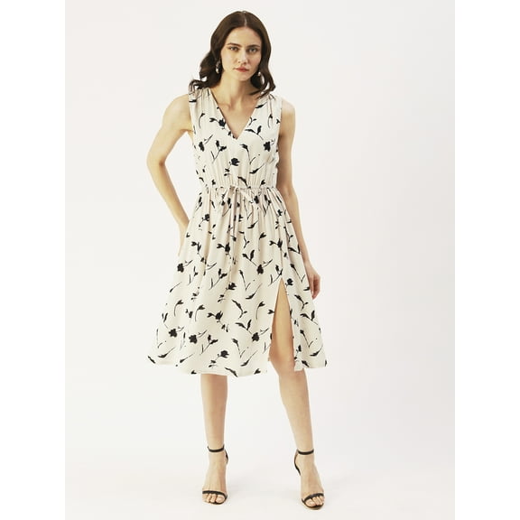 DressBerry Women’s Printed Viscose Rayon Dress V Neck Sleeveless Calf Length One Side Slit Regular Wear Light Weighted Casual Summer Dress