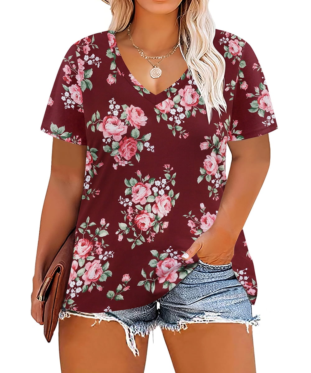 Lovezesent Womens Chiffon Blouse Summer Short Sleeve V Neck Printed Pockets Shirts Tops 