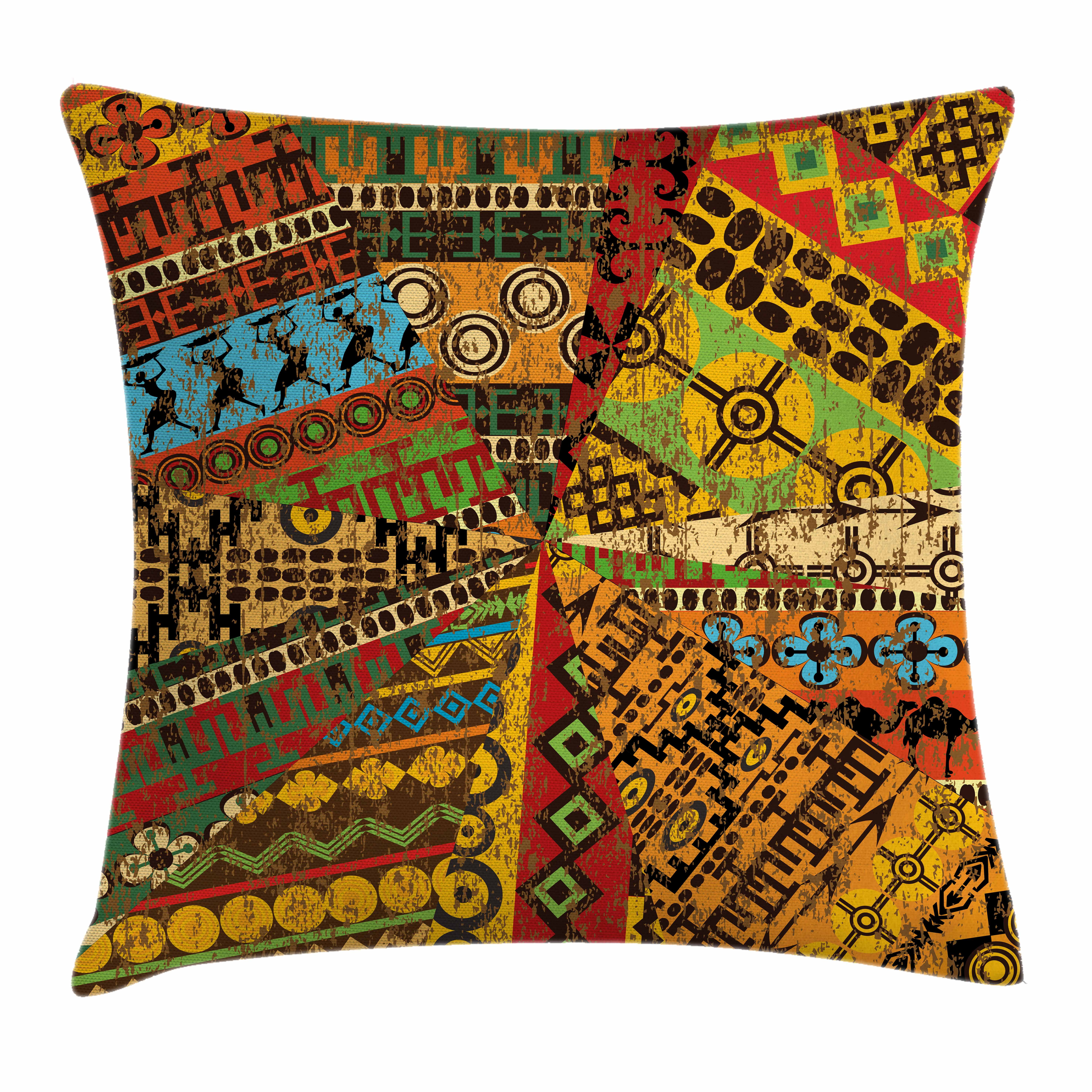 African Throw Pillow Cushion Cover, Grunge Collage with Ethnic Motifs