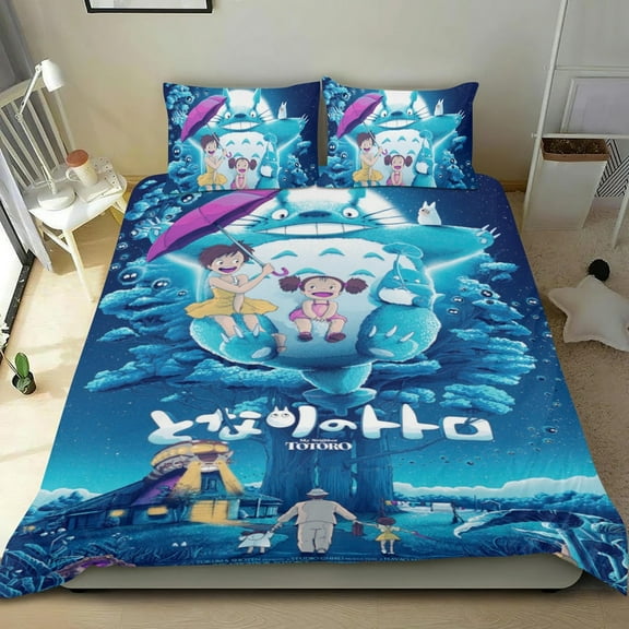 My Neighbor Totoro Cartoon 3 Piece Bedding Set Comforter Set Cute Duvet Cover Sets Super Soft Girls Bedding Set Kids Bedroom Gifts,1 Duvet Cover with 2 Pillowcases Twin