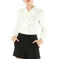 thumbnail image 1 of Unique Bargains Women's Ruffle Neck Tie Neck Ruffle Cuff Button Front Solid Work Shirt, 1 of 5