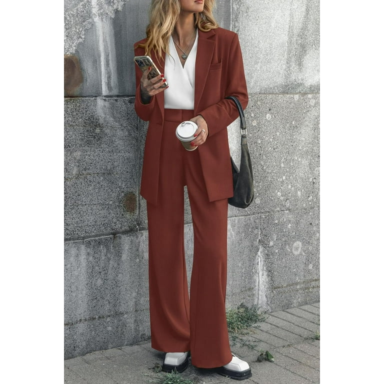 Women's 2023 Fall Two Piece Outfits Blazer Jacket and Wide Leg Pants  Pockets Business Casual Suit Sets 