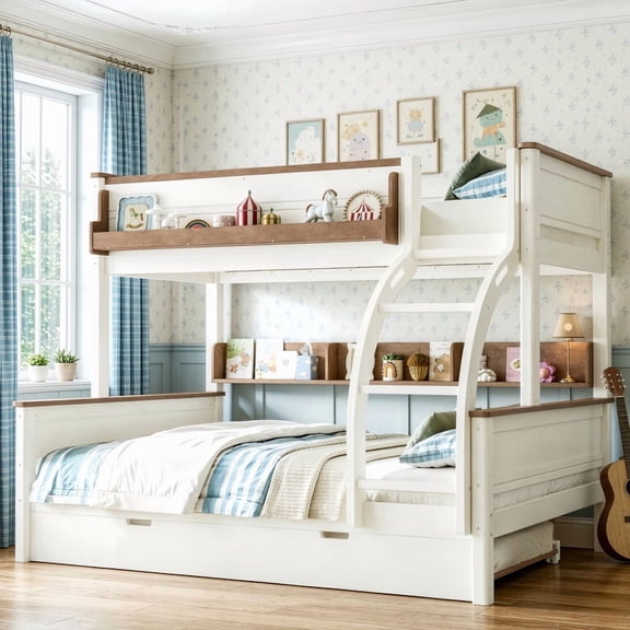 Twin-Over-Full Wooden Bunk Bed Frame with Trundle, Detachable Bed Convertible Into 2 Platform Beds, Kids Storage Bed with Shelf