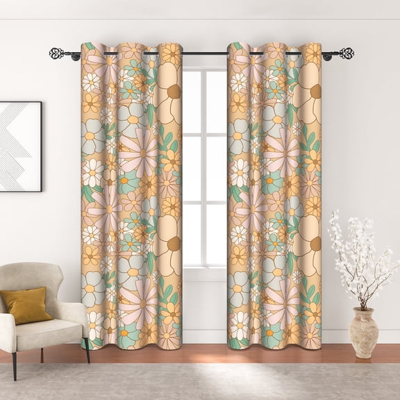 MIZHONA Boho Beige Blackout Curtains for Living Room Country Dasiy Window Curtain Set of 2,42"x84"
