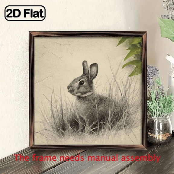 1pc Vintage Rabbit Sketch Wood Framed Sign, 8x8 Inch, Inspirational Wall Art, Composite Wood, Multipurpose Home Decor, No Electricity Needed, Ideal Gift for Family and Friends, Rabbit Deco