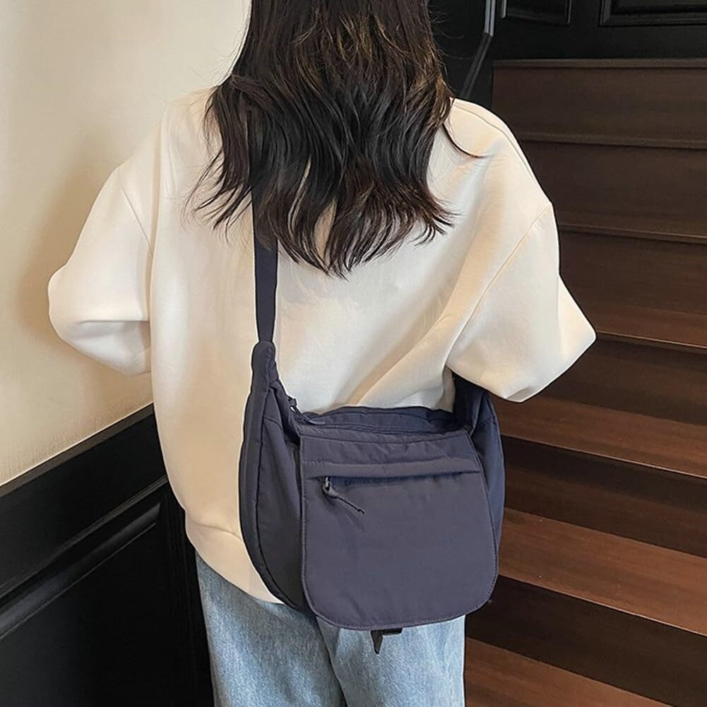 LKJYER Slouchy Nylon Bags for Women 2025 Crescent Crossbody Bag Hobo Shoulder Purse Work Travel Tote Handbag Everyday Purses