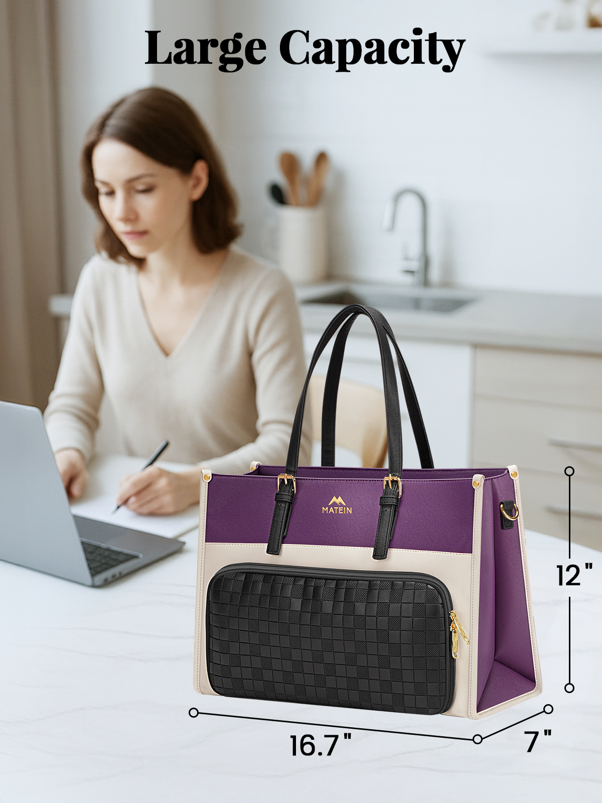 Matein Laptop Tote Bag  for Women, PU Leather Work Bag with Clutch Purse, Insulated Lunch Compartment, Purple