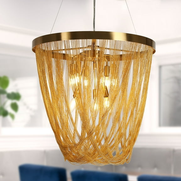 LNC Tracienuri 9-Lights 23.6" Modern Luxury Draped Chain Beaded Chandelier, Gold