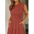 thumbnail image 4 of FUNING Women's 2025 Summer Casual Flutter Short Sleeve Crew Neck Smocked Elastic Waist Tiered Midi Dress, 4 of 7