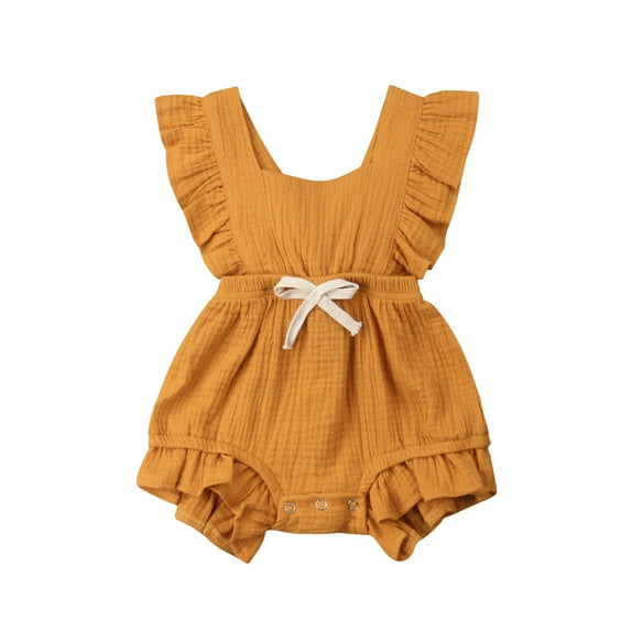Qmyliery Baby Girls Summer Ruffles Romper Fly Sleeve Lacing Up Bow One Pieces Jumpsuits Cotton Sleeveless Casual Overalls Clothes