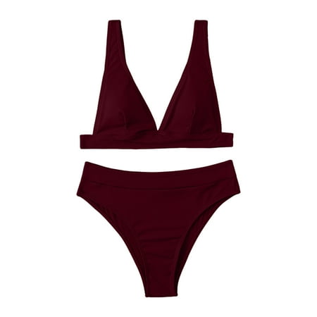 TOWED22 Womens High Waisted Bikini Sets Sexy Brazilian Triangle Top Deep V Neck Solid Color Two Piece Swimsuit Bathing SuitsWine M
