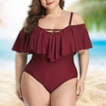 thumbnail image 3 of Guiexla Women Monokini Solid Color Low-cut Ruffle Bodycon Off Shoulder Swimming Quick Drying Plus size Bathing Suit Swimming Clothes, 3 of 8