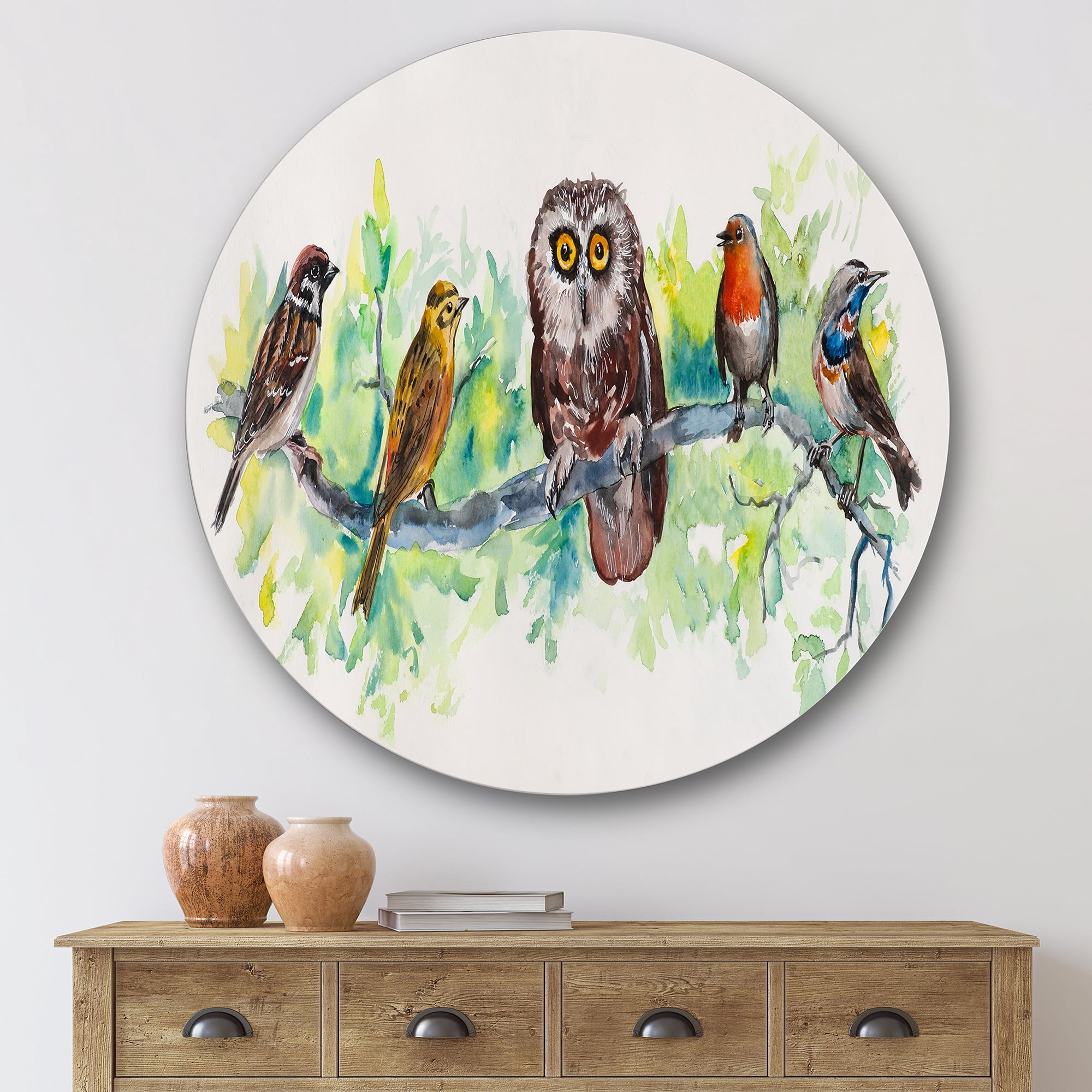 Designart 'Bird Friends With Owl On A Branch' Traditional Circle Metal Wall Art 29x29 - Disc of 29