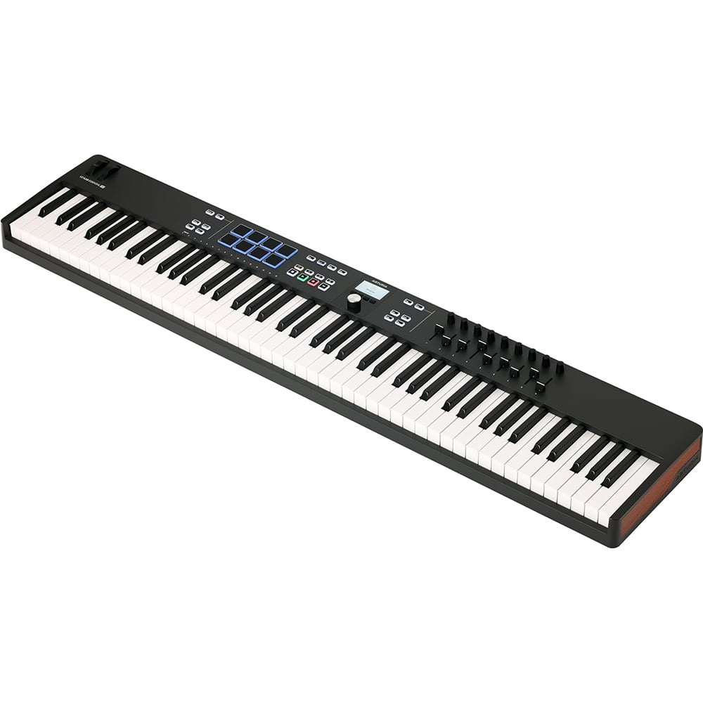 Arturia KeyLab Essential 88 mk3 — 88 key USB MIDI Controller with Software (Black) Bundle with Auray Universal Piano-Style Sustain Pedal, Hosa Black 10' Midi cable and Kaces Keyboard Dust Cover