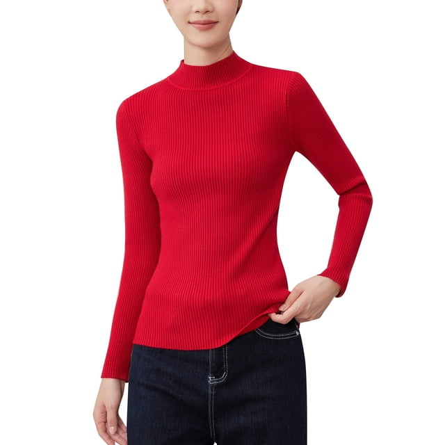 LUOGENLI Womens Sweaters Zip Up Elegant Fall Pullover Sweater Long Sleeve Solid Color Knitted Top Soft Warm Comfortable Stretchy Casual Tunic Style Red Size XXL