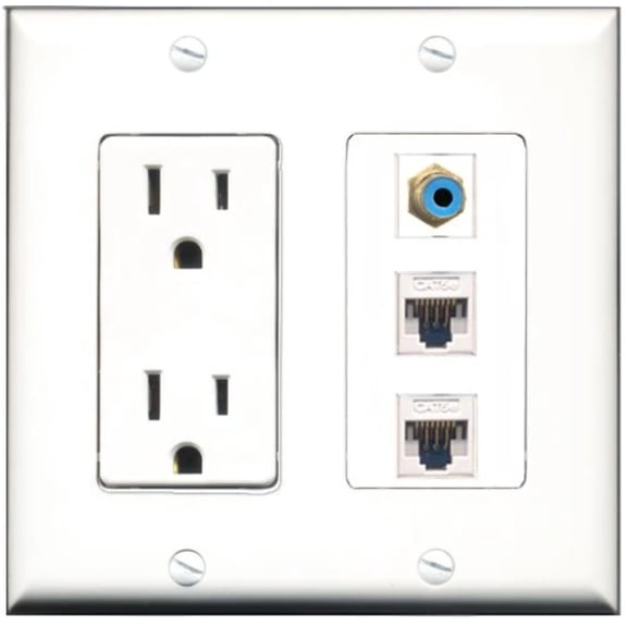 RiteAV - 15 Amp Power Outlet 1 Port RCA Blue 2 Port Cat5e Ethernet White Decorative Wall Plate