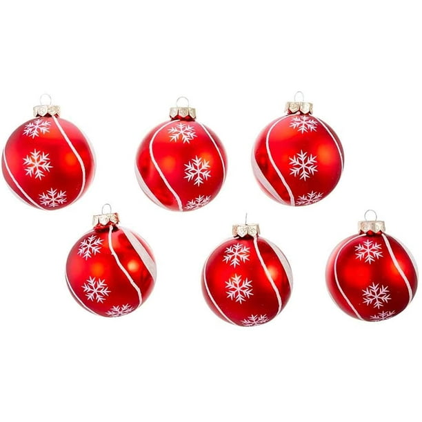 Kurt Adler 80MM Red with Snowflake Swirls Glass Ball Ornaments, 6Piece