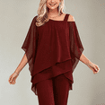 thumbnail image 3 of Morttic Women's Casual Solid Color 2 Piece Set – Batwing Sleeve Double-Layer Hem Top & Wide Leg Pants Office & Vacation Wear Wine Red，L, 3 of 6