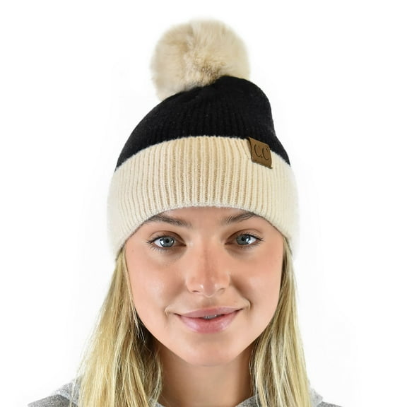C.C Winter Solid Dual Color Ribbed Knit Pom Cuff Beanie Hat, Black