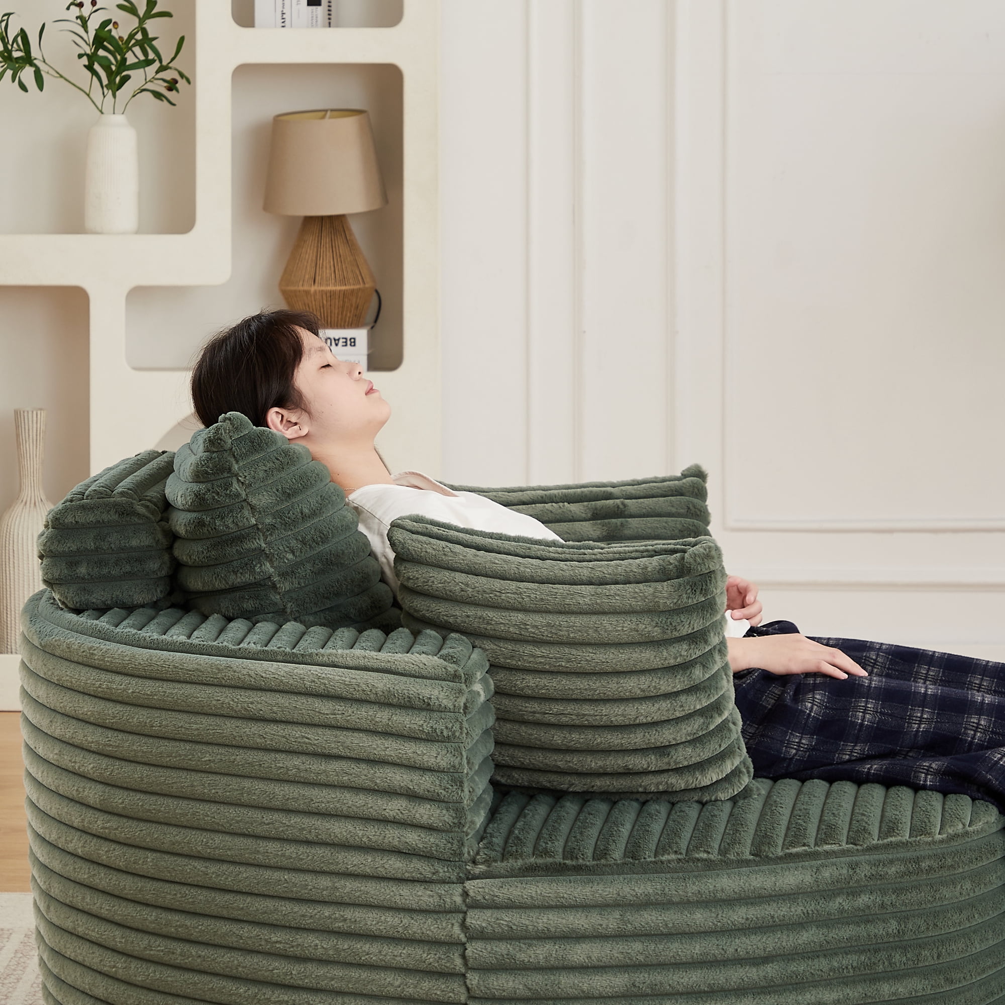 Leumius Oversized Round Chair Lounge Chaise Indoor,50" Upholstered Corduroy Deep Seat Single Cloud Sofa Chair, Fluffy Modern Large Circle Boneless Sleeper Sofa for Living Room, Bedroom,Green
